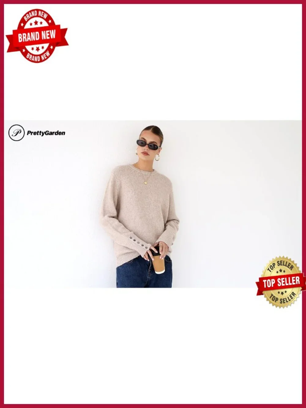 Women's Knit Pullover Sweater, Long Sleeve Crewneck with Button Cuffs, Relaxed